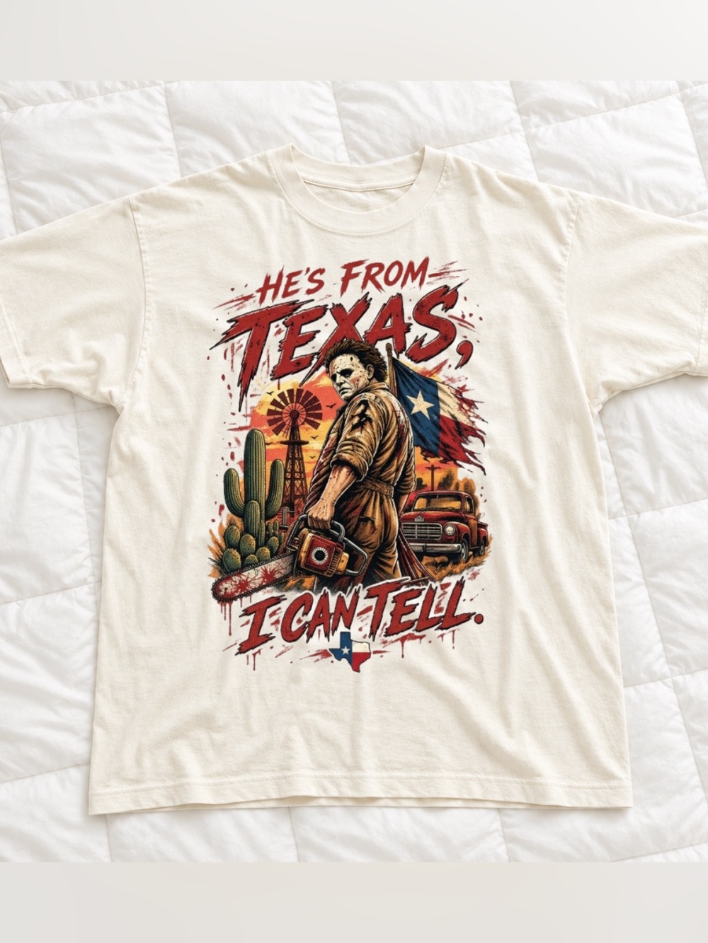 Graphic 'He's From Texas, I Can Tell' Men's Cream T‑Shirt, Vintage Horror Tee